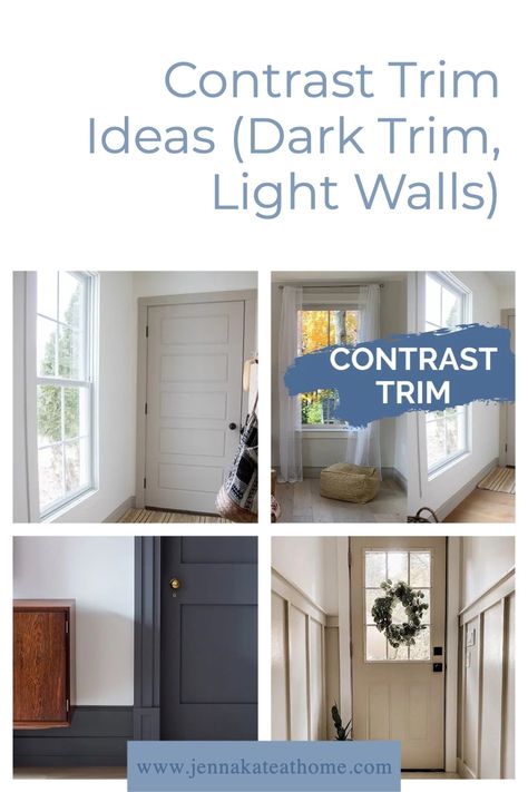 Are you intrigued by the idea of painting your trim darker than your walls? The trend of contrast trim is gaining momentum - and for good reason! In a sea of white walls, darker baseboards, door casings and window trim can really add the wow factor. Trim Colour For White Walls, Trim Ideas For White Walls, Non White Baseboards And Trim, Darker Trim Than Walls, Trim Darker Than Wall Color, Contrast Trim Windows, Dark Trim Light Walls Bathroom, Contrast Doors And Trim, Baseboard Color Ideas White Walls