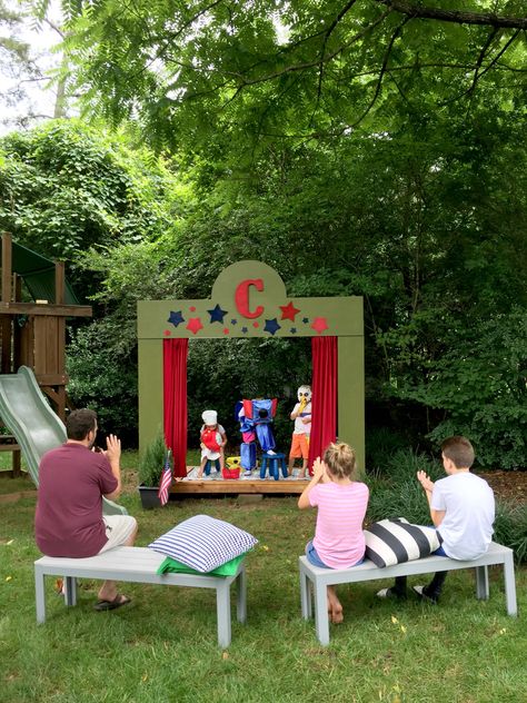 We now have a neighborhood theater—in our backyard. This project was the brainchild of my eight-year-old and my dad after a conversation that went something like this: SHE: I really wish I had a stage in our backyard where I could do plays. HE: I’ll build you one! Ask Granddaddy, and you shall receive. My … Diy Theatre Stage, Diy Theater Stage, Backyard Stage Ideas, Diy Stage For Kids, Kids Play Stage, Backyard Theater Ideas, Outdoor Theater Ideas, Backyard Stage, Backyard Theater