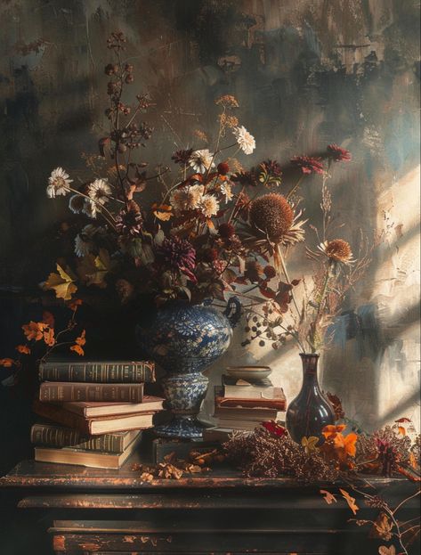 Envision an atmospheric studio, brimming with books, flowers, and vases, all bathed in the golden hour’s glow, painted in the style of Caravaggio. Moody, dark, autumnal colors weave through this space, reminiscent of romantic ruins. This scene captures the essence of tranquility and timeless beauty, inviting viewers into a world where art and nature harmoniously coexist. #CaravaggioInspired #RomanticRuins #GoldenHourBeauty Dark Autumn Painting, Dark Romantic Painting, Moody Floral Art, Moody Autumn Decor, Spring Dark Aesthetic, Moody Autumn Aesthetic, Moody And Timeless Aesthetic, Moody Painting Ideas, Autumn Nature Aesthetic