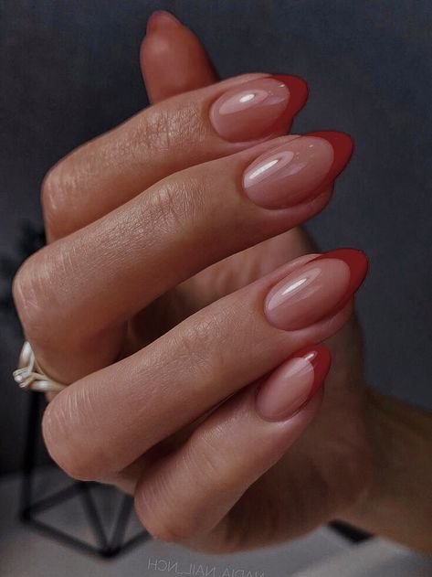 Vintage French Tip Nails, Wedding Nails With Red Accent, Res French Tip Nails Short, Clear Nails With Red Tips, Mail French Tip, Mail Inspo Almond Fall, Terracotta French Tip Nails, Light Red French Tip Nails, Red Pink French Tip Nails