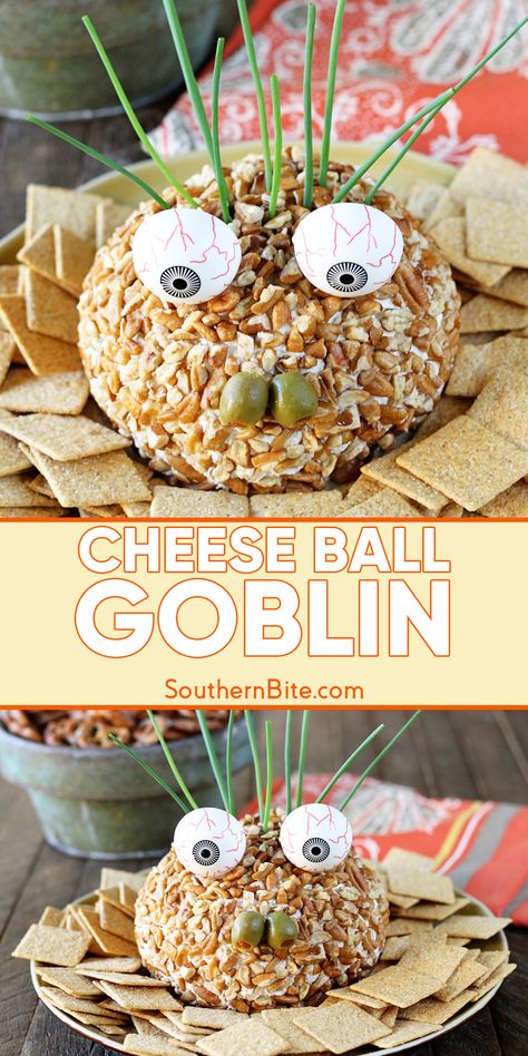 This spooky Cheese Ball Goblin is the perfect Halloween party snack! Easy to make, fun to decorate, and delicious to eat. Add a ghoulish twist to your table with this festive Halloween cheese ball appetizer that’s sure to wow your guests! #HalloweenRecipe #CheeseBall #PartySnack #SpookyEats Eyeball Cheeseball, Easy Halloween Cheese Ball, Pumpkin Shaped Cheese Ball Recipe, Cheeseball Recipes, Cheese Ball Pumpkin Shaped, Cheeseball Shaped Like Pumpkin, Halloween Cheese Ball, Halloween Cocktail Party, Perfect Halloween Party