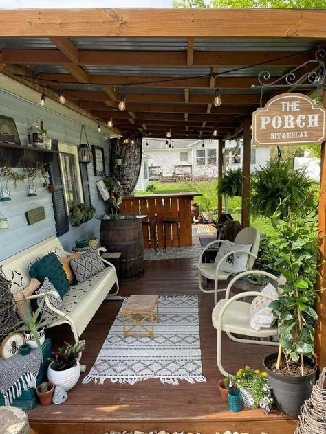 Summer Porches are not just gorgeously green, they are also peacefully serene. Wipe the slate clean and step into the summer of your dreams. - Srirup Mazumdar. Trailer Porch Decorating Ideas, Relaxing Porch Ideas, Camper With Porch, Camper Porch Decorating, Camper Front Porch Ideas, Trailer Patio Ideas, Small Back Porch Decorating Ideas On A Budget, Mobile Home Porch Decor, Western Porch Ideas