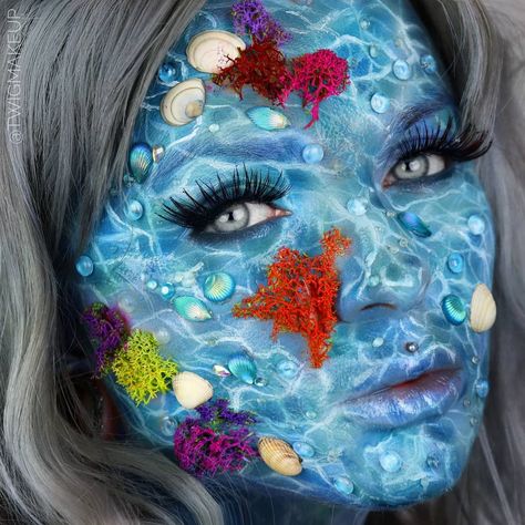 Summer Face Paint, Underwater Makeup, Deep Makeup, Fish Makeup, Underwater Ocean, Ocean Turtle, Eyebrows Eyelashes, Makeup To Try, Golden Fish