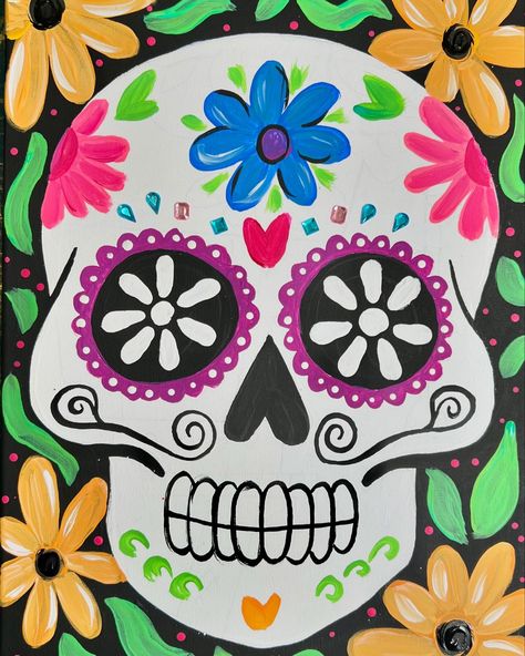 Have you added jewels to your paintings before? #dayofthedead #skullpainting #sipandpaint #paintartybusiness #pphq #painting #painting🎨 #paintingoftheday Candy Skull Art, Mexican Paintings Ideas, Day Of The Dead Painting, Sugar Skull Painting, Spanish Projects, Mexican Paintings, Spanish Club, Day Of The Dead Skull, Candy Skulls