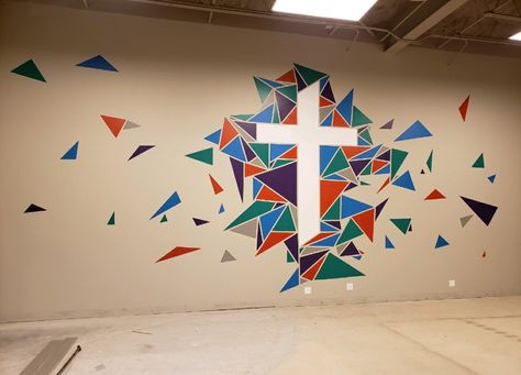 Christian Wall Mural, Sunday School Mural, Church Youth Room Ideas Decor, Christian Murals Wall Art, Church Murals Wall Paintings, Church Kids Room Decor, Youth Group Room Design, Church Youth Room Ideas, Christian Murals