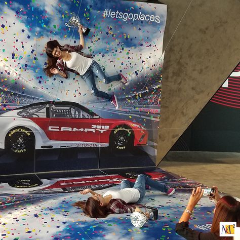 This interactive photo op at Toyota’s SEMA 2017 exhibit added a dash of fun to the visitor experience. Overhead photo ops are a new trend that attendees really respond to.  #MC2 #brand #experience #showcase #innovation #brandexperience #brandexhibit #displaydesign #eventmarketing #eventprofs #tradeshowexhibit #2017 #Toyota #LasVegas #SEMA #SEMA2017 #reflection #racecar #Camry #letsgoplaces Interactive Photo Op, Brand Activation Ideas, Experiential Marketing Events, Perspective Photos, Marketing Events, Brand Activation, Trade Show Exhibit, Experiential Marketing, Event Ideas