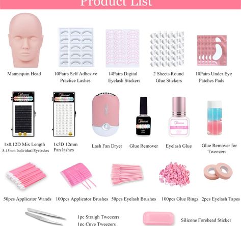 Lash Eyelash Extension Kit, Professional Mannequin Head Eyelash Grafting Training Tools False Eyelash Extensions Practice Exercise Set for Beginners with Individual Lashes Glue Tweezers Lash Fan Dryer Eyelash Extension Set Up, Lash Tech Practice, Lash Tech Must Haves List, Lash Extensions Products, Lash Extensions For Beginners, Eyelash Guide, Eyelash Extensions Practice, Lash Beginner, Lash Room Set Up