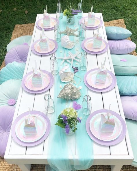 Outdoor Mermaid Party Ideas, Mermaid Birthday Party Kids Table, Mermaid Picnic Birthday Party, Mermaid Tail Fruit Platter, Mermaid 5th Birthday Party Ideas, Mermaid Theme Party Ideas, Mermaid Picnic Party, Ariel Party Decorations, Pastel Under The Sea Birthday Party