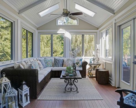 Sun Room Addition - Beach Style - Sunroom - New York - by ROAM Architecture | Houzz Sunroom Addition Off Living Room French Doors, Sunroom Overlooking Pool, 3 Season Room Ideas Sunroom, 2nd Floor Sunroom Addition, Sunroom Construction Ideas, Sunroom With Double Hung Windows, Prefab Sunroom Room Additions, 3 Season Room, 4 Season Room