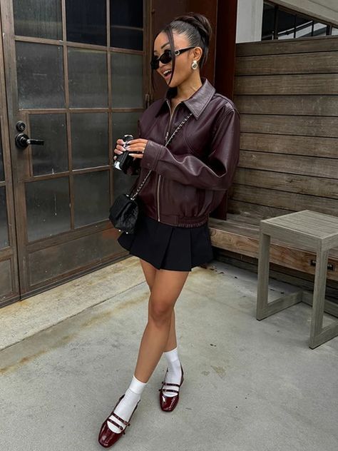 Vintage Solid Color Lapel Zipper Leather Jacket Casual Long Sleeved Elastic Short Women Coat Fall Commuting Street Outerwears - AliExpress 200000345 Coats 2024, Unique Leather Jacket, Leather Jacket Zipper, Mode Mantel, Cropped Coat, Women Outerwear, Pockets Fashion, Short Women, Elastic Shorts