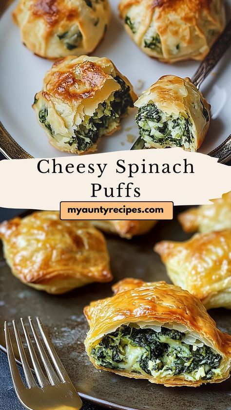 Filled with creamy cheese and fresh spinach, these easy-to-make Cheesy Spinach Puffs are perfect for gatherings or a quick snack. Flaky, cheesy, and oh-so-satisfying! Spinach Puffs Recipe, Spinach Cheese Puffs, Spinach Puffs, Spinach Puff Pastry, Spinach Puff, Cheesy Spinach, Cheese Puff, Spinach Cheese, Cheese Puffs