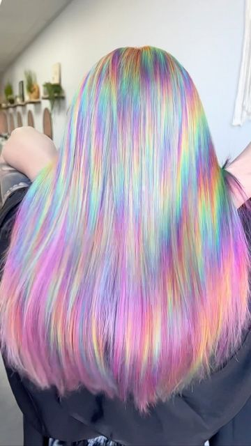 Briauna Conino on Instagram: "How do we like this paired with pink? I’m diggin it 😍 #mermaidhair #pulpriot #pulpriothair #colortrak #unicornhair #rainbowhair #follow #lasvegassalon #lasvegas #behindthechair #lookbook #lasvegashairstylist #lasvegashair #hendersonhairstylist #nevadahairstylist #lasvegasstylist #hairporn #mermaidians #hairslayerz #prism #pink" Prismatic Hair Color, Rainbow Prism Hair, Prism Hair Color, Holographic Hair Color, Skate Photoshoot, Prism Hair, Iridescent Hair, Exotic Hair Color, Exotic Hair