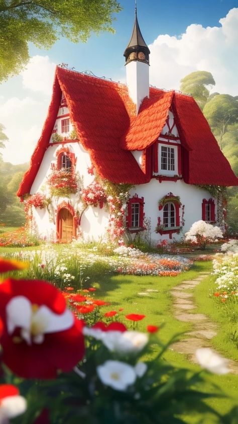 Fairy Tale House Exterior, Fairy Tales House, Fantasy Fairy House Art, Fairy Tale House, Fairytale Houses, Red Shutters, Modern Fairy, Fairy Tale Cottage, Red Fairy