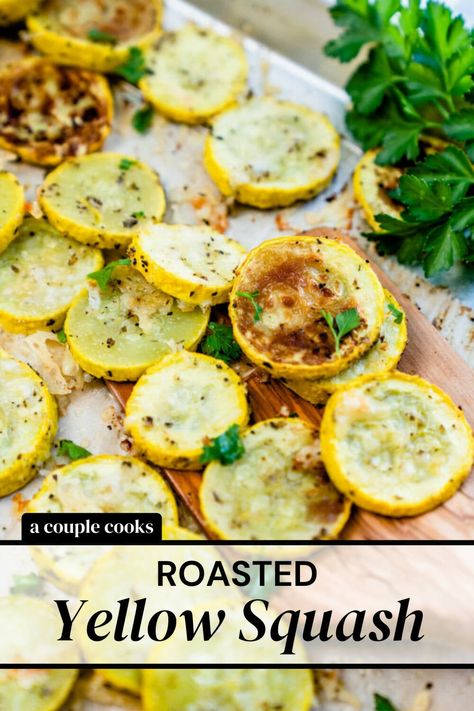 Roasted yellow squash is the perfect way to serve it! This easy method bakes summer squash with Parmesan and Italian herbs. #summersquash #squash #yellowsquash #roasted #roastedyellowsquash #roastedsummersquash #sidedish #easy #healthy Italian Yellow Squash Recipes, Side Dishes Squash, Squash Recipes Vegetarian, Baked Yellow Squash, Baked Summer Squash, Roasted Yellow Squash, Roasted Summer Squash, Fresh Vegetable Recipes, Yellow Squash Recipes