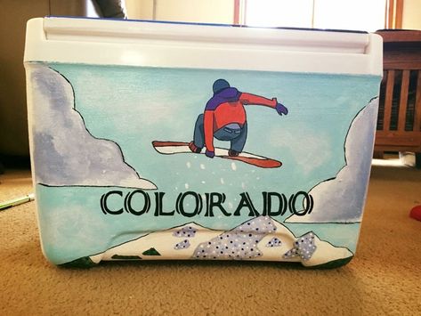 snowboarding colorado cooler Frat Cooler Snowboarding, Frat Cooler Hockey, Frat Formal Coolers Mountains, Formal Painted Cooler Ideas, Colorado Frat Cooler, Painted Coolers For Guys Formal, Mountain Weekend Cooler, Colorado Snowboarding, Nola Cooler