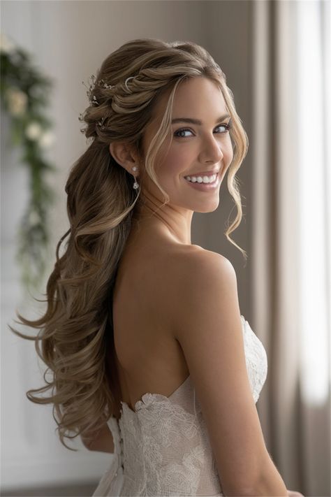 Capture the essence of romance with this beautiful half up half down hair hairstyle, perfect for any wedding. The blend of cascading curls with a delicate twisted crown creates an enchanting look that enhances your bridal beauty. Whether adorned with flowers or kept simple, this style adds elegance and charm. Embrace this dreamy hairstyle for your special day and make unforgettable memories. Half Updo With Hair Piece, Half Up With Hair Piece, Half Up With Flowers Wedding Hair, Bride Hair Flowers Half Up, Wedding Hair With Floral Headband, Wedding Hairstyles Half Up Half Down With Tiara, Bridal Hairstyle Half Up, Curled Wedding Hair With Veil, Half Up Wedding Hair With Tiara