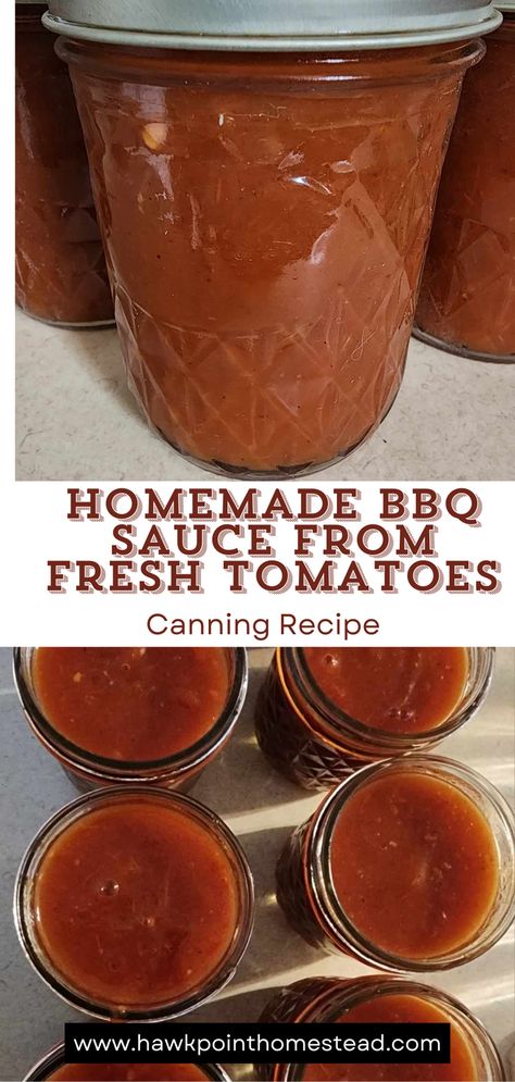 This homemade BBQ sauce recipe for canning is easy and delicious. It is made from fresh tomatoes and with no sugar! The recipe is just simple ingredients and can be made very quickly. Such a wonderful way to use those fresh tomatoes from your garden and make a wonderful BBQ sauce that can be used for so many things, and pairs perfectly with grilled meats like ribs, chicken and pork. This BBQ sauce is made with honey and little bit of heat which gives it an interesting flavor. Bbq Sauce To Can, Tomato Bbq Sauce Recipe, Homemade Bbq Sauce With Fresh Tomatoes, Bbq Sauce With Fresh Tomatoes, Bbq Canning Recipes, Fresh Tomato Bbq Sauce, How To Can Bbq Sauce, Ideas For Canning Tomatoes, Canning Bbq Sauce With Fresh Tomatoes