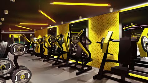 Rooms like these can help the customers feel pumped with bright colors. It practically screams energy! Gym Mirror Wall, Fitness Center Design, Gym Lighting, Gym Design Interior, Gym Club, Gym Mirrors, Basement Gym, Modern Basement, Gym Interior