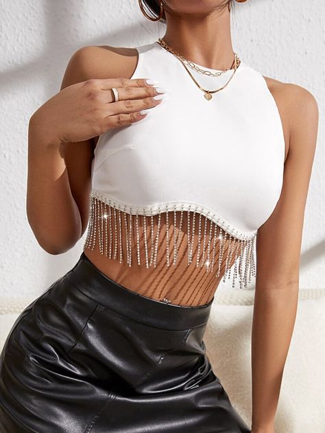 Free Returns ✓ Free Shipping On Orders $49+ ✓. Rhinestone Fringe Zip Back Tank Top- Women Tank Tops & Camis at SHEIN. Fringe Tank Top, Rhinestone Fringe, Tassel Top, Color Water, Rhinestone Top, Feminine Top, Wrap Crop Tops, Club Tops, Summer Crop Tops