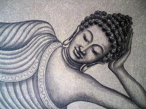 SAND SLEEPING BUDDHA Sleeping Buddha Tattoo, Sleeping Buddha Painting, Buddha Tatoo, Sleeping Buddha, Buddha Drawing, Reclining Buddha, Buddha Art Drawing, Buddha Life, Buddha Tattoo