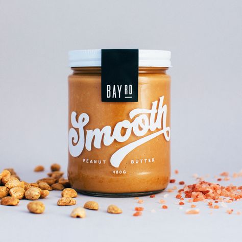 Bay RD Peanut Butter Features Swoon-Worthy Typography | Dieline - Design, Branding & Packaging Inspiration Nut Butter Packaging Design, Nut Butter Branding, Peanut Butter Branding Design, Nut Butter Packaging, Peanut Butter Branding, Food Jar Packaging, Peanut Butter Label Design, Spreads Packaging, Butter Logo Design