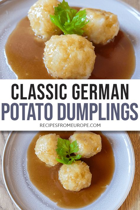 Looking for a German potato dumpling recipe? This classic recipe version walks you through the process step-by-step (with pictures)! #germanrecipes #potatodumplings Grated Potatoes Recipes, German Potato Dumplings Recipes, German Dumplings Recipe, Potato Dumplings German, German Thanksgiving, German Dinner Recipes, German Potato Recipes, Potato Dumplings Recipe, German Potato Dumplings