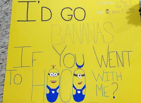 Minion Hoco Proposal, Minions Poster, Western Painting Canvas, Minion Dance, Hoco Signs, High School Dating, Cute Hoco Proposals, Homecoming Poster, Homecoming Poster Ideas