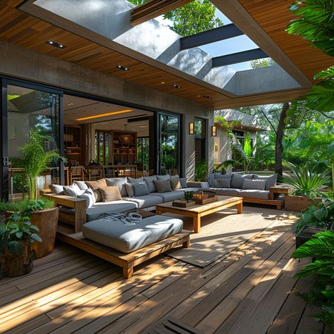 Explore the ultimate lanai design! This modern outdoor living area set in a tropical oasis features elegant wooden floors and cozy furniture. Skylights cast natural light across lush plants and large seating arrangements, enhancing the serene atmosphere. Perfectly suited for relaxation or entertainment, this space blends style with nature, offering a unique retreat under the open sky. Large Outdoor Area Ideas, Deck Living Room, Large Open Balcony Ideas, Outdoor Porch Design, Open Terrace Ideas Balconies, Modern Lanai Design, Alfresco Ideas Australia Outdoor Rooms, Open Kitchen Outdoor, Open Area Design