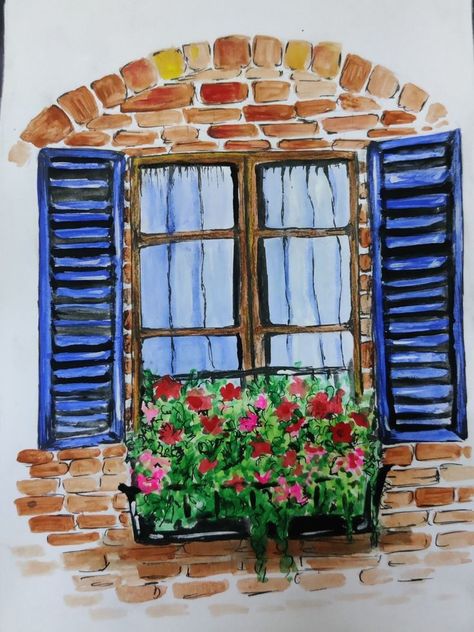 Watercolor Art Window, Window With Flowers Drawing, Watercolor Window Painting, Watercolor Window With Flowers, Window Drawing Sketch, Window With Flowers Painting, Watercolour Window, Window Watercolor Painting, Window Drawing Ideas