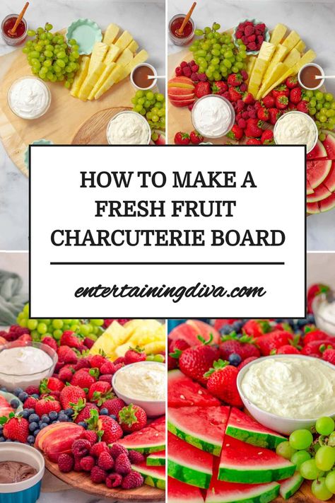 How To Make A Fresh Fruit Charcuterie Board | Recipes Fruit Dip Tray Platter Ideas, Fruit Snack Board, Fresh Fruit Ideas For Parties, Fruit And Charcuterie Board, Fruit And Sweets Charcuterie Board, Fruit And Dip Board, Fresh Fruit Display, Diy Fruit Tray Party, Easy Fruit Board