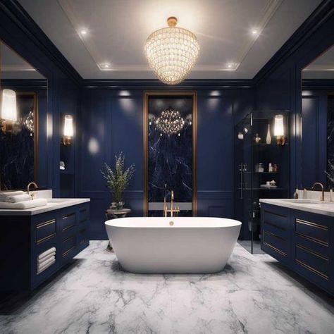 Luxury Bathroom Ideas Master Suite, Navy Blue Bathroom Ideas, Royal Blue Bathrooms, Blue Bathroom Ideas, Navy Blue Bathroom, Blue Bathroom Walls, Dark Blue Bathrooms, Navy Blue Bathrooms, Navy Bathroom