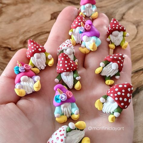 Handmade miniature gnomes Polymer Clay Gnomes Diy, Clay Nomes, Clay Gnomes Diy How To Make, Strawberry Hats, Strawberry Gnomes, Polymer Clay Fairy Garden, Polymer Clay Gnomes, Clay Fairy Garden, Miniature Gnomes