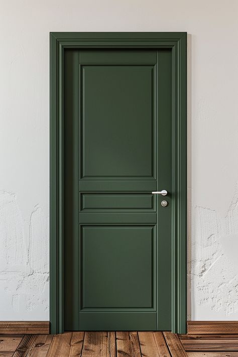 A stylish interior door painted in sage green, set against a white wall and wooden floor, showcasing one of the best sage green paint colors. Door Color For White Walls, Green Accent Doors Interior, White Walls Green Doors, Dark Green Closet Doors, Colored Inside Doors, Painted Pocket Doors, Olive Green Interior Doors, Different Color Interior Doors, Interior Accent Door