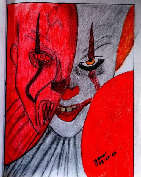 Using color pen and graphite pencil Penny Wise Coloring Pages, Horror Movie Drawings Pencil Easy, Horror Movies Sketch, Drawing Horror Characters, Horror Movie Drawing Ideas, Halloween Drawings Realistic, Horror Character Drawings, Halloween Movie Drawings, Horror Movie Sketches