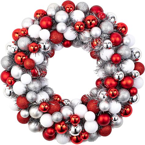 Wire Christmas Wreath, Christmas Ball Wreath, Front Door Christmas Decorations, Ball Wreath, Red Christmas Decor, Silver Christmas Decorations, Christmas Ornament Wreath, Red Decor, Silver Christmas