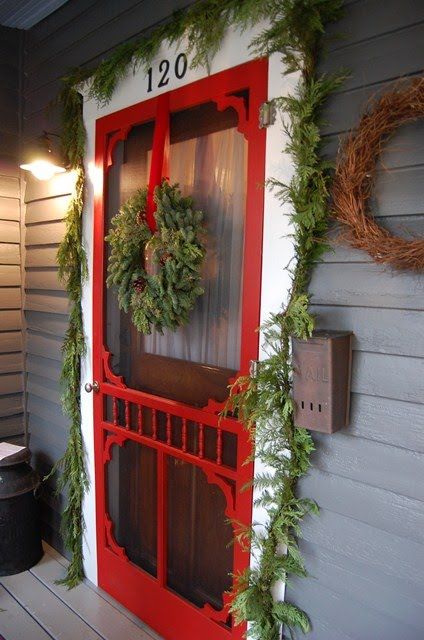 This beautiful Folk Victorian house is gorgeous inside and out.  I would love to use some of these ideas on my Folk Victorian! Red Screen, Folk Victorian, Vibeke Design, Porch Doors, Diy Outdoor Decor, Old Doors, Red Door, Beautiful Doors, Screen Door