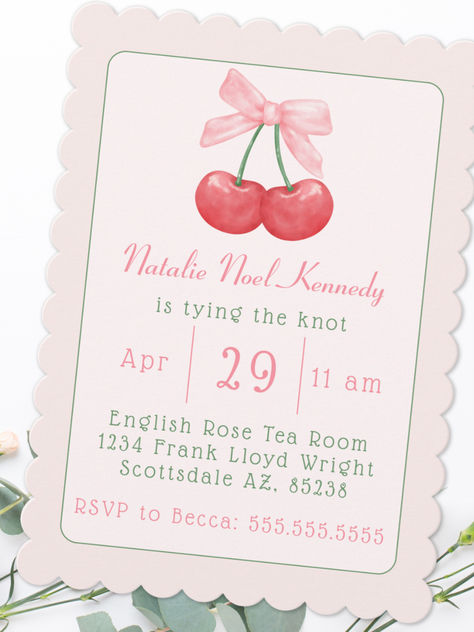 Coquette Pink Bow Cherries Aesthetic Bridal Shower Invitation, the perfect choice for a soft and feminine celebration with a touch of whimsy. With delicate pink gingham bow ribbon and charming cherry accents, this invitation captures the essence of a girly and coquette aesthetic, ideal for the bride-to-be who loves all things cute and romantic. Whether you're hosting a garden party or a chic bachelorette celebration, this invitation sets the tone for a memorable event. Invitaciones Aesthetic, Birthday Invitations Aesthetic, Coquette Invitation, Cherries Aesthetic, Chic Bachelorette, Coquette Birthday, Cute Invitation, Bow Invitation, Eid Photos