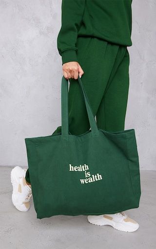 Health Is Wealth, Green Tote Bag, Green Tote, Oversized Tote Bag, Oversized Tote, Sporty And Rich, Eco Bag, Canvas Designs, Black Tote