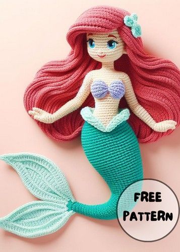 Crochet Ariel Mermaid Amigurumi Free Pattern Crochet Ariel Doll, Crochet Ariel Doll Free Pattern, Mermaid Free Crochet Pattern, Amigurumi Disney Free Pattern, Ariel Crochet Pattern Free, Mermaid Tail Crochet Pattern Free, Free Crochet Mermaid Pattern, Free Disney Crochet Patterns, Ariel Crochet Pattern