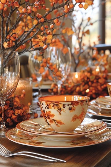 29 Fall Tablescape Ideas for a Warm and Inviting Table Setting 19 Tied Napkins, Orange Tablescape, Fall Tablescape Ideas, Navy Tablecloth, Wooden Chargers, Autumn Celebration, Black Tablecloth, Fall Dinner Party, Halloween Party Dinner