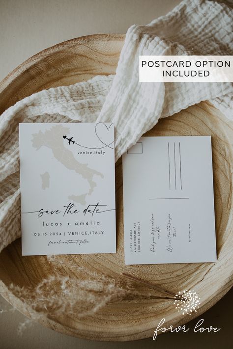 This Destination Save The Date Wedding Invitation Template, DIY PRINTABLE save the date template features a boho beige Italy map with a heart airplane trail and plane paired with a gorgeous handwritten script font. Easily use this template to edit the fonts, font color, and background color to match your event needs. 

Begin your journey of love and celebration with our " Destination Italy Save the Date" digital product today! Italy Save The Date Ideas, Save The Date Italy Wedding, Destination Save The Date Ideas, Save The Date Ideas Destination Wedding, Destination Save The Date, Save The Date Postcard, Destination Wedding Save The Date, Save The Date For Destination Wedding, Abroad Wedding Save The Date