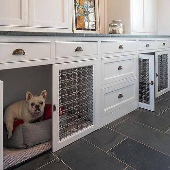 Built In Dog Crate Design Ideas Dog Crate Desk, Laundry Layout, Built In Dog Bed, Dog Nook, Dogs Room, Pet Daycare, Crate Desk, Transitional Laundry Room, Laundry Floor