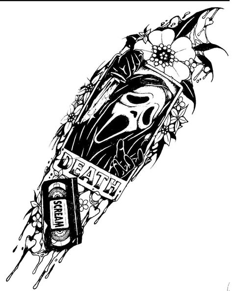 Horror Character Tattoo Sleeve, Scream Tattoo Ghostface Sleeve, Spooky Forarm Tattoos, Horror Shin Tattoo, Leg Tattoos Horror, Ghostface Forearm Tattoo, Scream Arm Tattoo, Vampire Tattoo Stencil, Spooky Forearm Tattoo Women