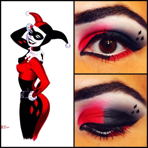 Batman: The Animated Series' Harley Quinn makeup. Harley Quinn Face Makeup, Old Harley Quinn Makeup, Harley Quinn Makeup Ideas Red Black, Harley Quinn Black And Red Makeup, Red And Black Harley Quinn Makeup, Harley Quinn Eye Makeup, Harley Quinn Old Version, Black And Red Harley Quinn Makeup, Harley Quinn Makeup Red Black