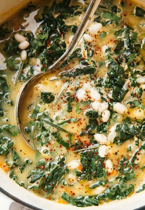 Creamy White Bean Soup with Kale, Rosemary & Lemon - The First Mess Lemony Kale And White Bean Soup, Great Northern Beans Recipe, White Bean Soup With Kale, فاصوليا بيضاء, Creamy White Bean Soup, Bean Soup With Kale, Lemon Vegan, Budget 2023, Soup With Kale