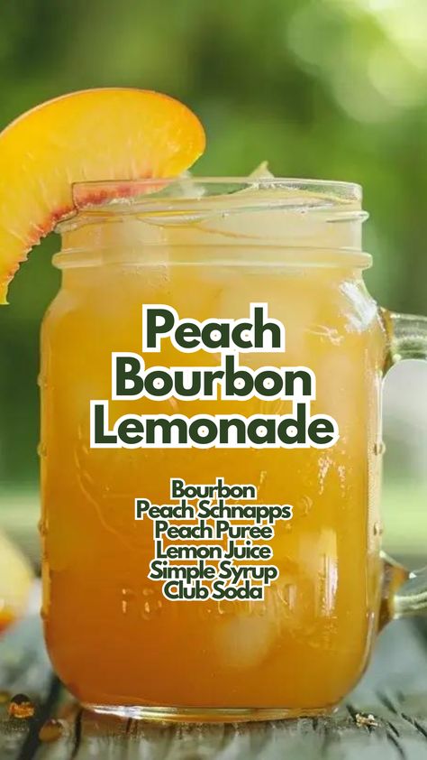 Peach Bourbon Lemonade is perfect for a hot day. Sweet peach and tart lemon mix perfectly with smooth bourbon. Fresh peach slices and lemon wedges add a nice touch. Add a mint sprig for extra freshness. #peachbourbonlemonade via @mybartender Bartending Drinks, Jar Cocktails, Bourbon Lemonade, Soda Cocktails, Lemonade Cocktails, Cocktail Cards, Peach Bourbon, Bartender Drinks Recipes, Juice Cocktails