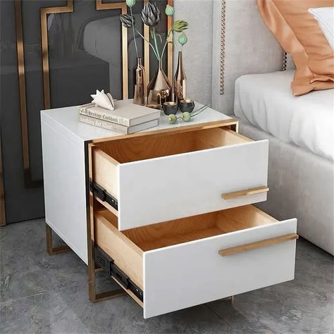 Square Bedside Table, Minimalist Nightstand, Nightstand Design, Bed Headboard Design, Bedroom Aesthetics, Contemporary Nightstand, White Bedside Table, Gold Bedroom, White Nightstand