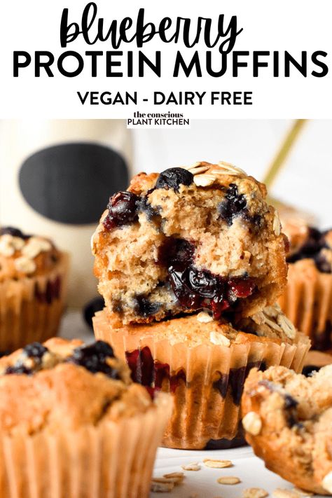 Blueberry Protein Muffins - The Conscious Plant Kitchen Gluten Free Dairy Free Muffins, Conscious Plant Kitchen, Blueberry Protein Muffins, Vegan Blueberry Muffins, Dairy Free Protein, Healthy Blueberry Muffins, Protein Yogurt, Pea Protein Powder, Plant Kitchen