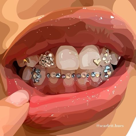 Glossy lips with jewelry- one of my new fave subjects to paint 😍 Also, we’re almost at 2,000 followers 🥳 Thank you all for the support :) 💋 Painted in Procreate #teethgems #grills #artistsupport #goldgrillz #lipglossobsession #lipglosscollection #lipglossaddiction #bodyarts #procreatepainting Grillz Painting, Painting Teeth, Glossy Painting, Gem Painting, Teeth Drawing, Diy Gifts To Sell, Sweet Sixteen Birthday Party Ideas, Lips Art, Lip Gloss Collection