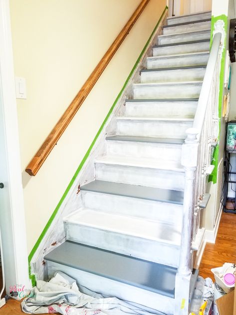 Step Covering Ideas Indoor, Stairs Diy Renovation, Paint Stairs, Hallway Wall Colors, Painting Stairs, Rustic Staircase, Small Basement Ideas, Stair Renovation, Gray Stairs